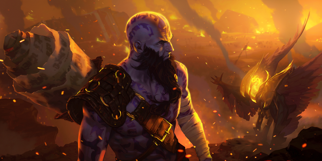 Ryze takes a moment to observe the aftermath: A village now reduced to fire and ash, as burning embers float past and all around him. LoR_Ryze.png
