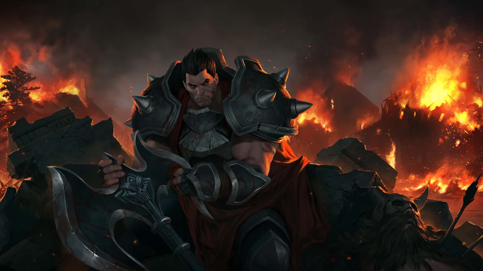 Darius sits amongst rubble with the blade of his axe in his hands, looking back at the burning destruction behind him.