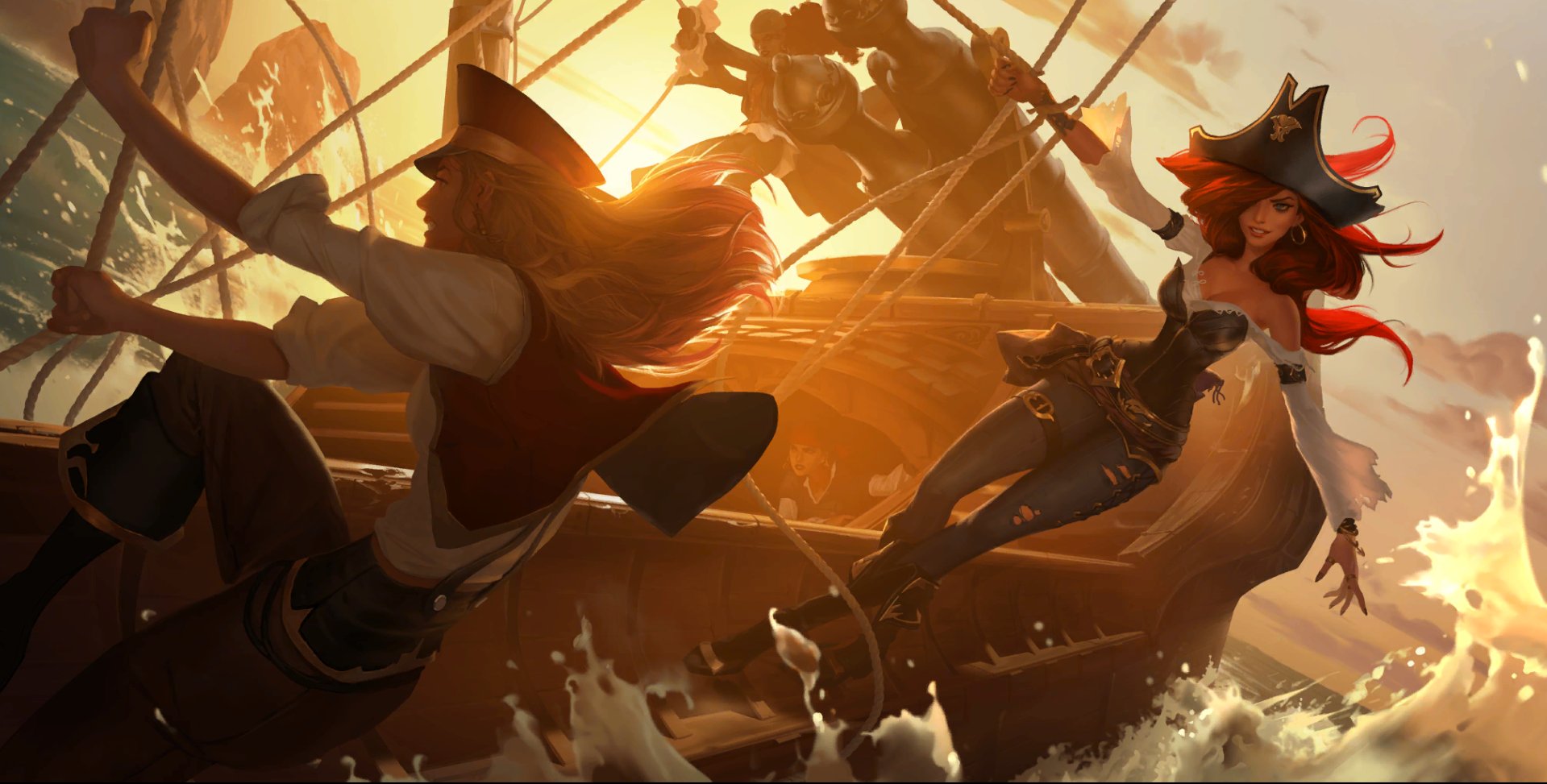 Miss Fortune hangs onto the edge her ship.