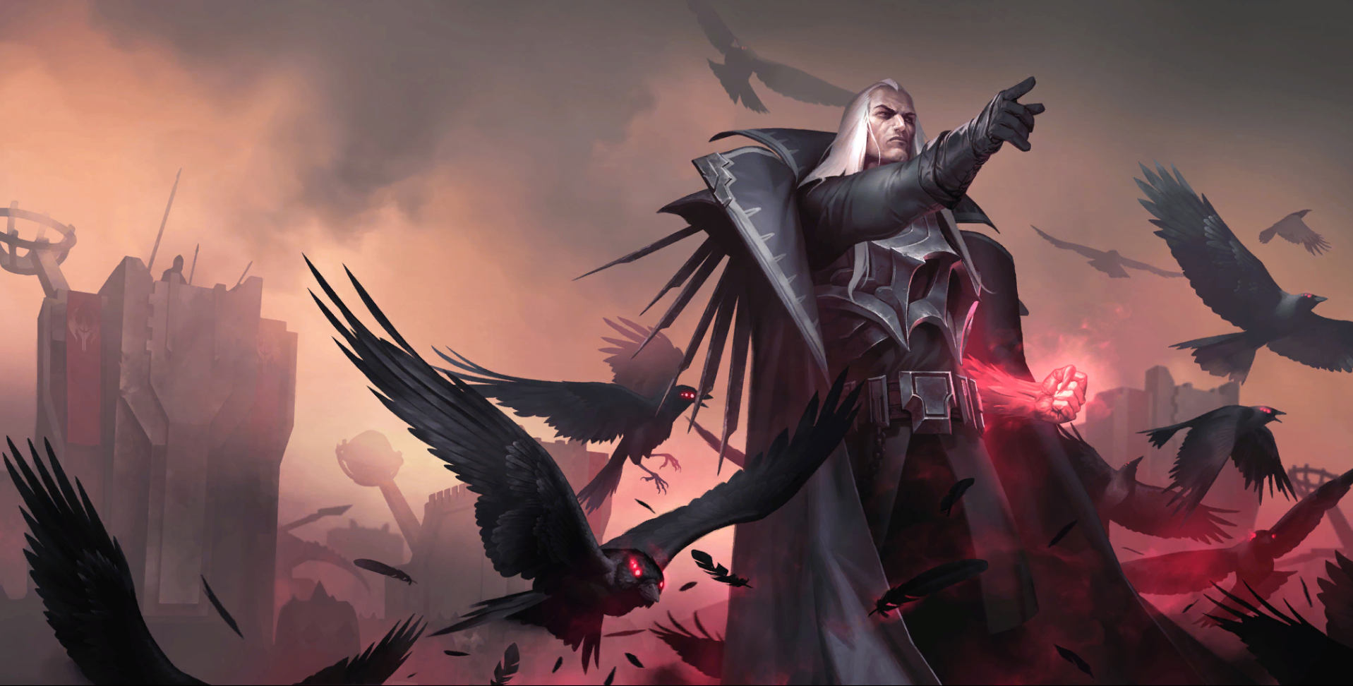 Swain commands the Citybreakers behind him as a murder of crows takes flight.