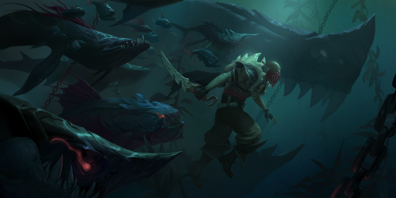 Pyke floats calmly in the water, hand around his bone skewer as lurkers and sharks circle around him. Ribbons of blood trail from his knife and show the circular trails around the lurkers.