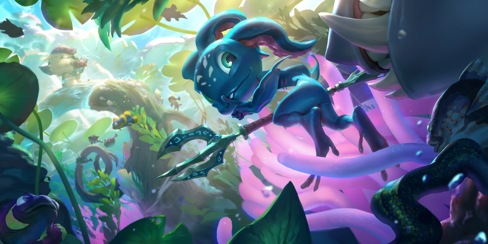 Fizz carries a trident as he swims through colorful coral.