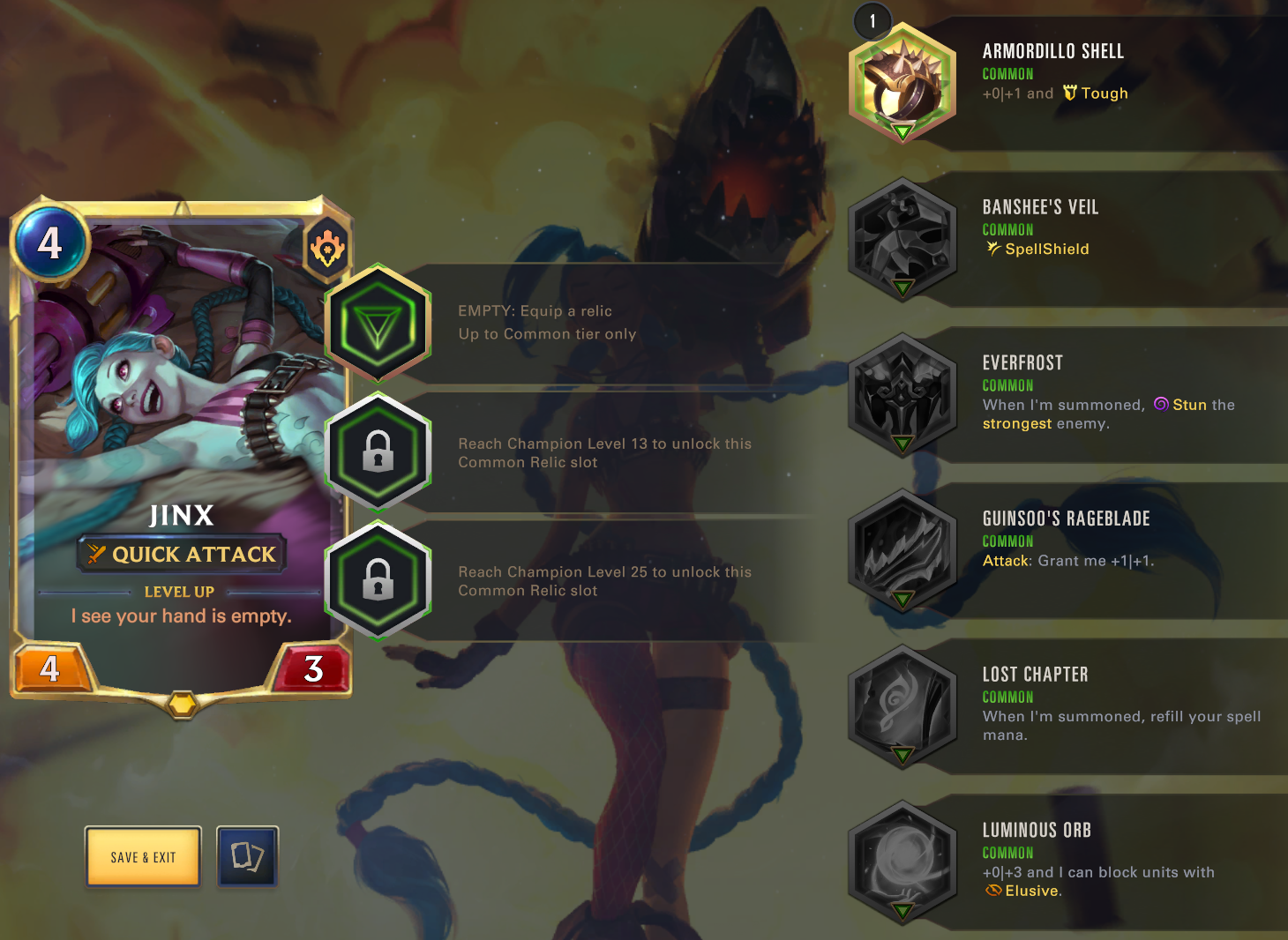 The Relics page showing locked and unlocked Relics.