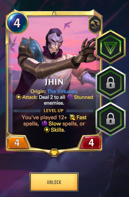 Jhin hőskártyája a Details lapon, alatta az UNLOCK gomb.