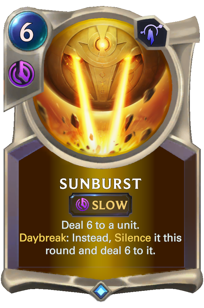 Legends of Runeterra'dan yavaş büyü örneği olarak Güneş Patlaması büyü kartının bir görüntüsü.