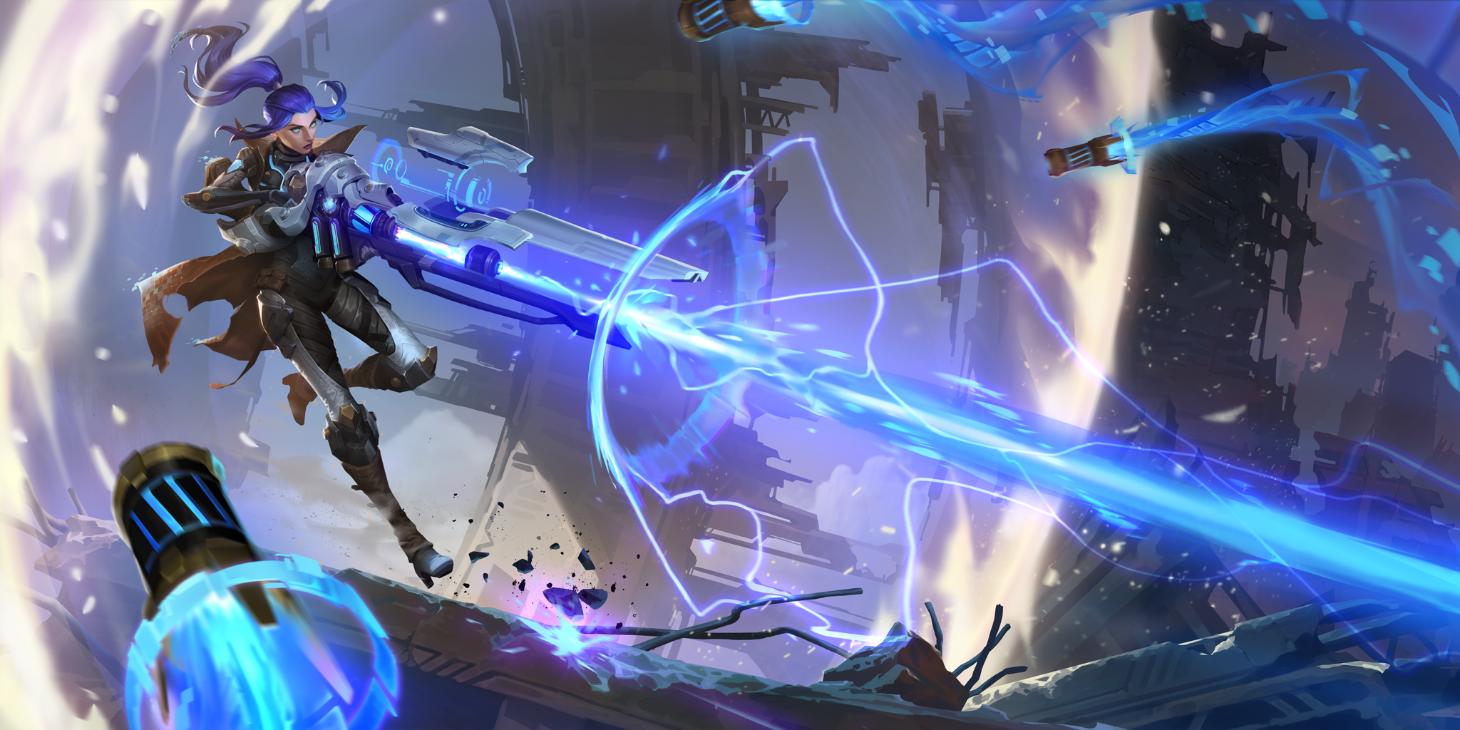 Serviciul de asistență pentru jucători Legends of Runeterra – Pulsefire Caitlyn trăgând cu o rază de energie dintr-o pușcă uriașă, în timp ce niște proiectile se îndreaptă spre ea.