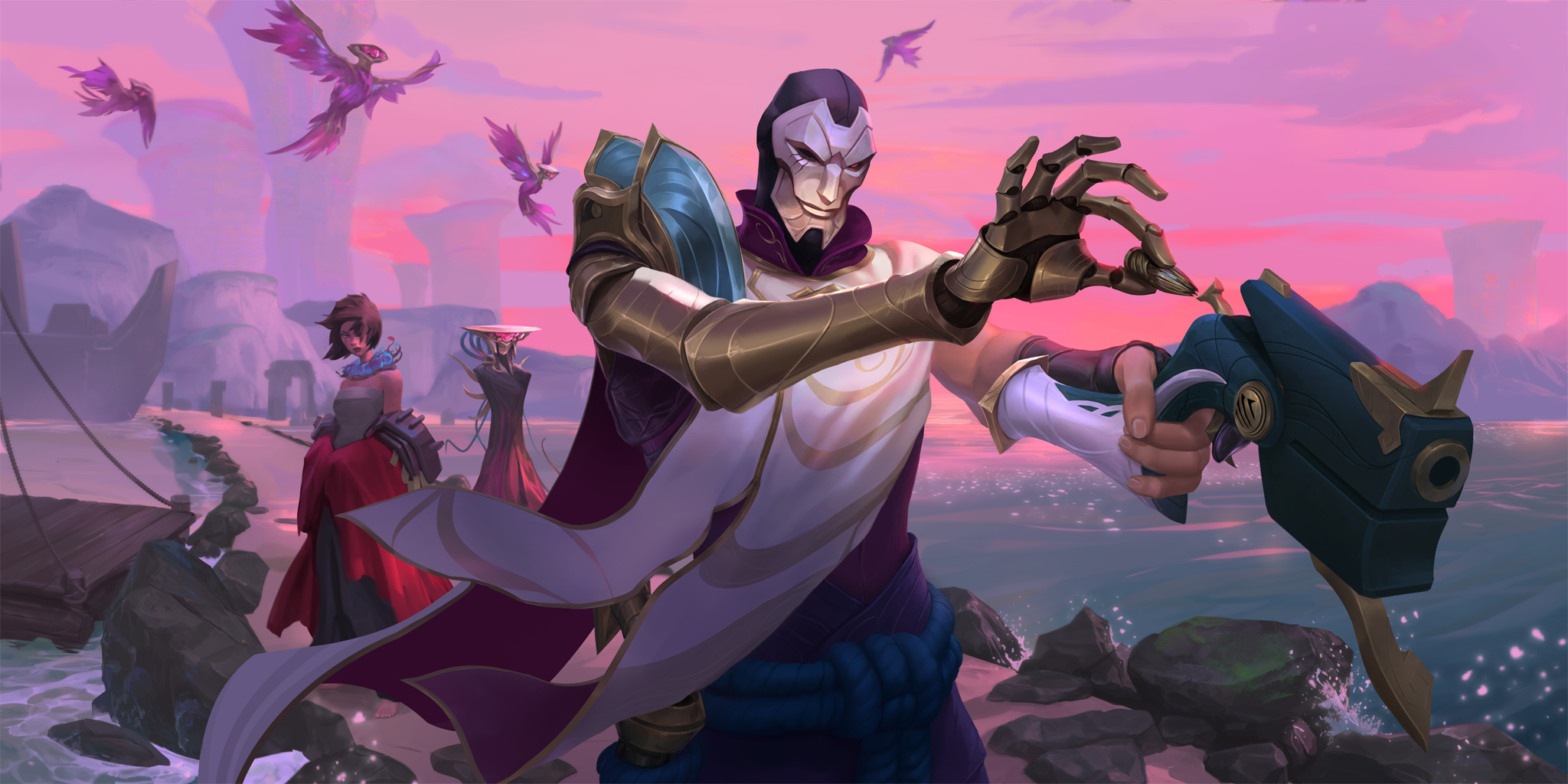 At the jetty, JHIN holds his gun in the air, loading the last of the ORNATE BULLETS into its chamber.その背後には観客である舞台係たちがいる。