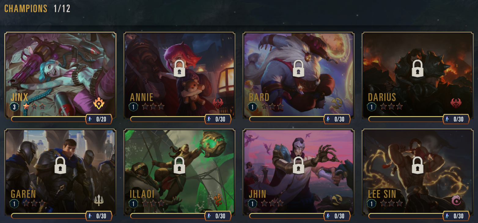 Legends of Runeterra Player Support - The Champion Select screen in the Path of Champions, showing locked and unlocked champions.