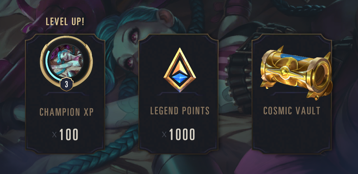The Rewards page shown when copmleting an adventure. This one has Champion XP, Legend Points, and a Cosmic Vault.