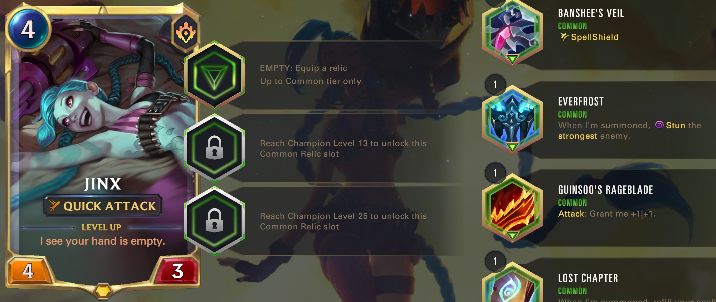 The Relics screen with a Jinx champion card.