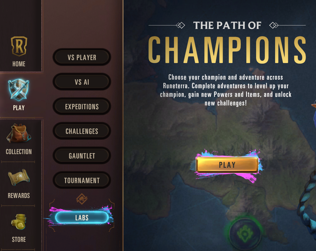 Menú Jugar de Legends of Runeterra en la página Laboratorios, donde se puede jugar a El camino de los campeones.