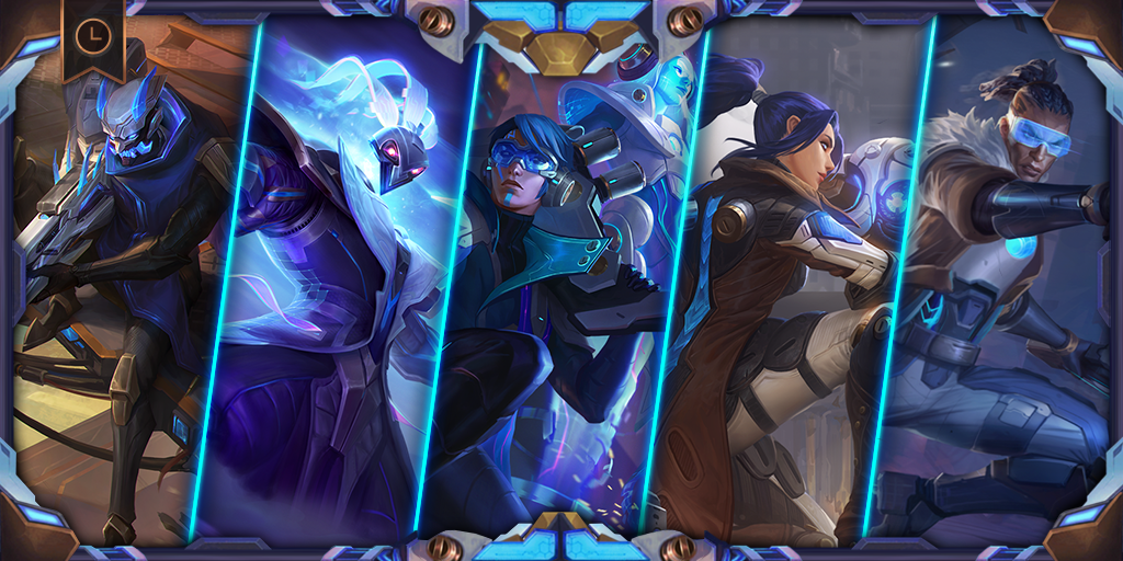 A showcase of 5 of the Pulsefire champion skins, including Pulsefire Jhin, Thrersh, Aphelios, Caitlin, and Lucien. All part of the Timewalkers Bundle.