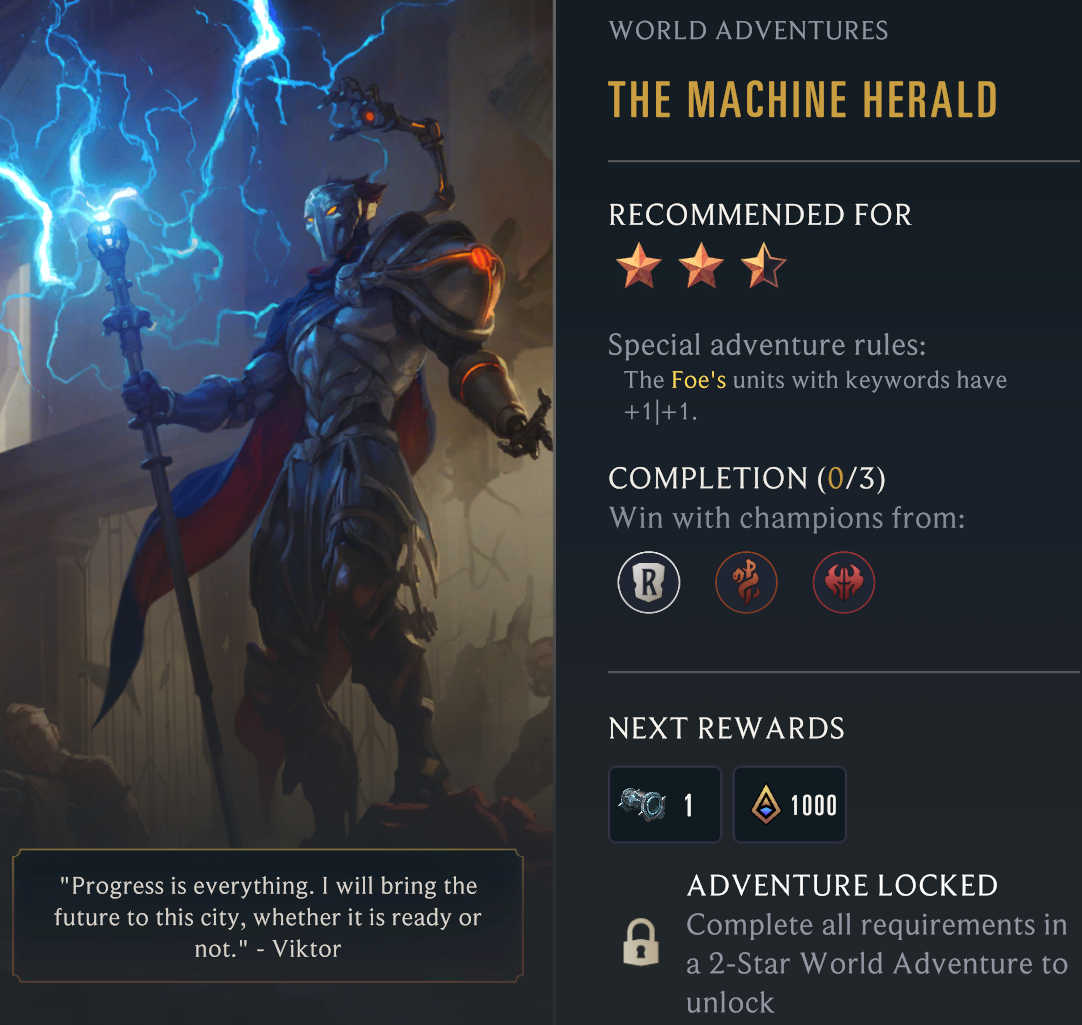 The Machine Herald World Adventure menu open, showing details for copmleting the adventure, rewards, and difficulty. Features an image of Victor holding a staff with Hextech energy surging out of it like lightning.
