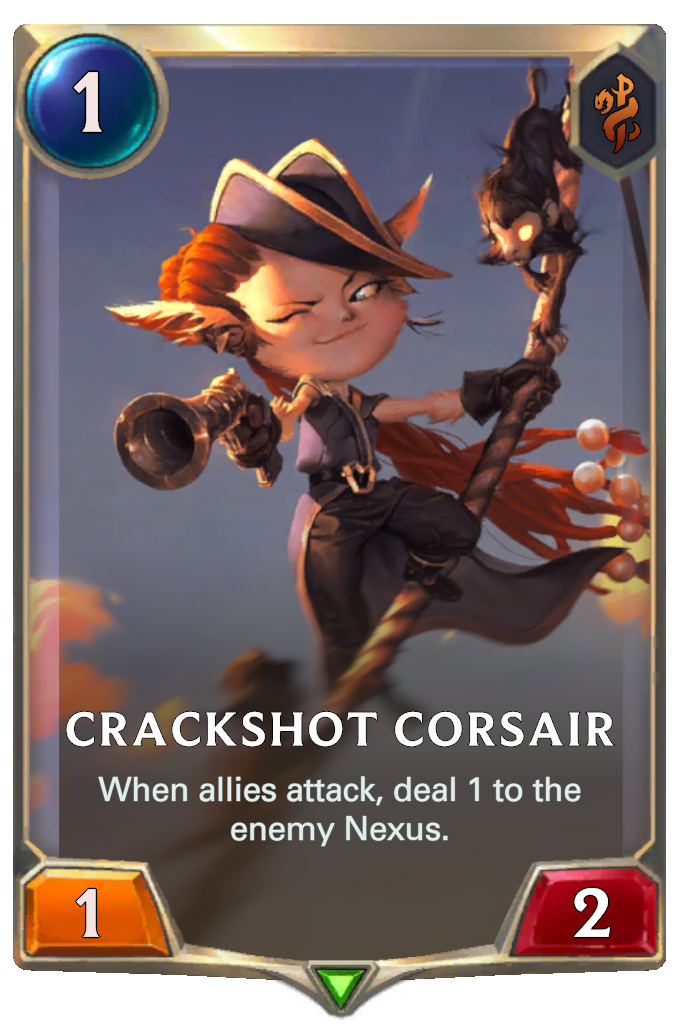 The Crackshot Corsair card, feauturing a yordle swinging on a rope while aiming a pistol.