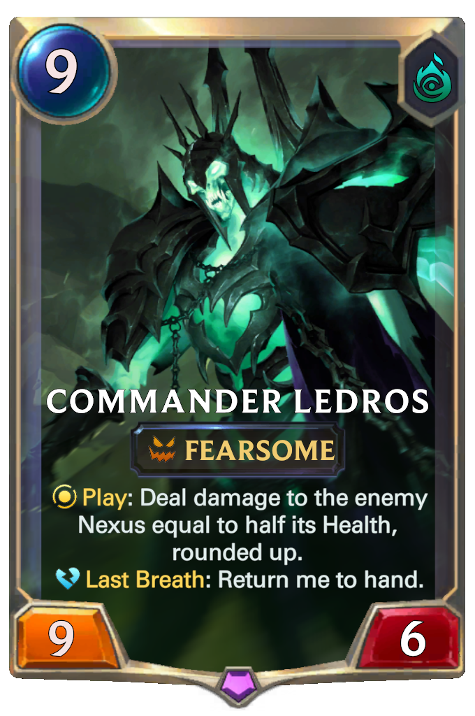 A Commander Ledros kártya a fenyegetően álló parancsnok képével.